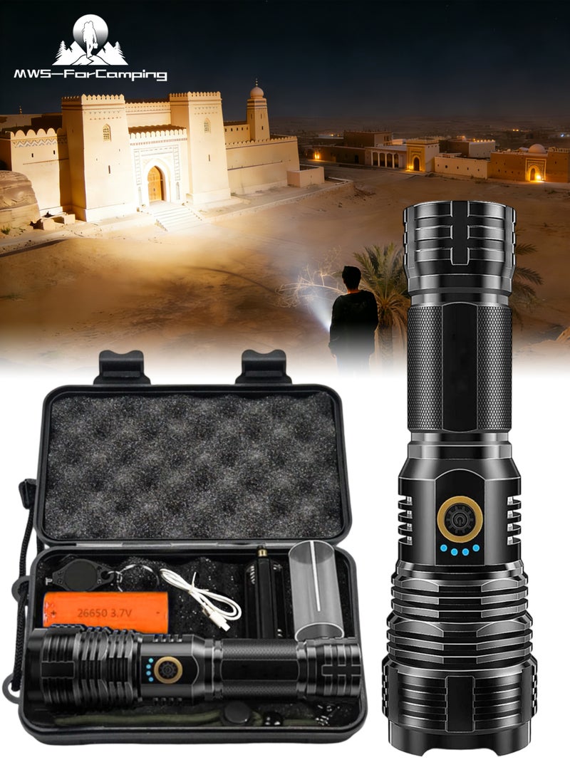 MWS-ForCamping LED High Lumen Rechargeable Flashlight, 990000 Lumen XHP70 Super Bright Flashlight, Battery Powered Flashlight, Powerful Handheld Flashlight, 5 Modes, Suitable for Emergency Camping Hiking Family - Image 1